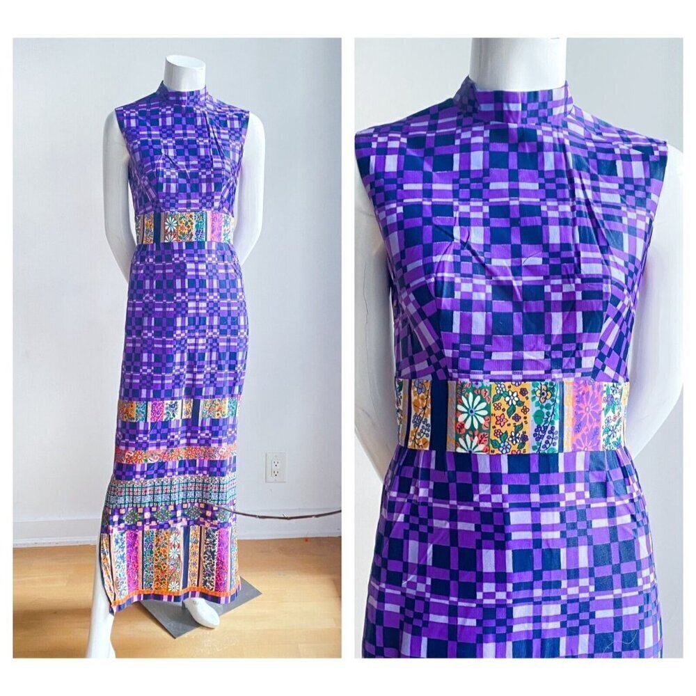 Vintage Boho Purple Floral Mandarin Collar Sleeveless Maxi Dress S
